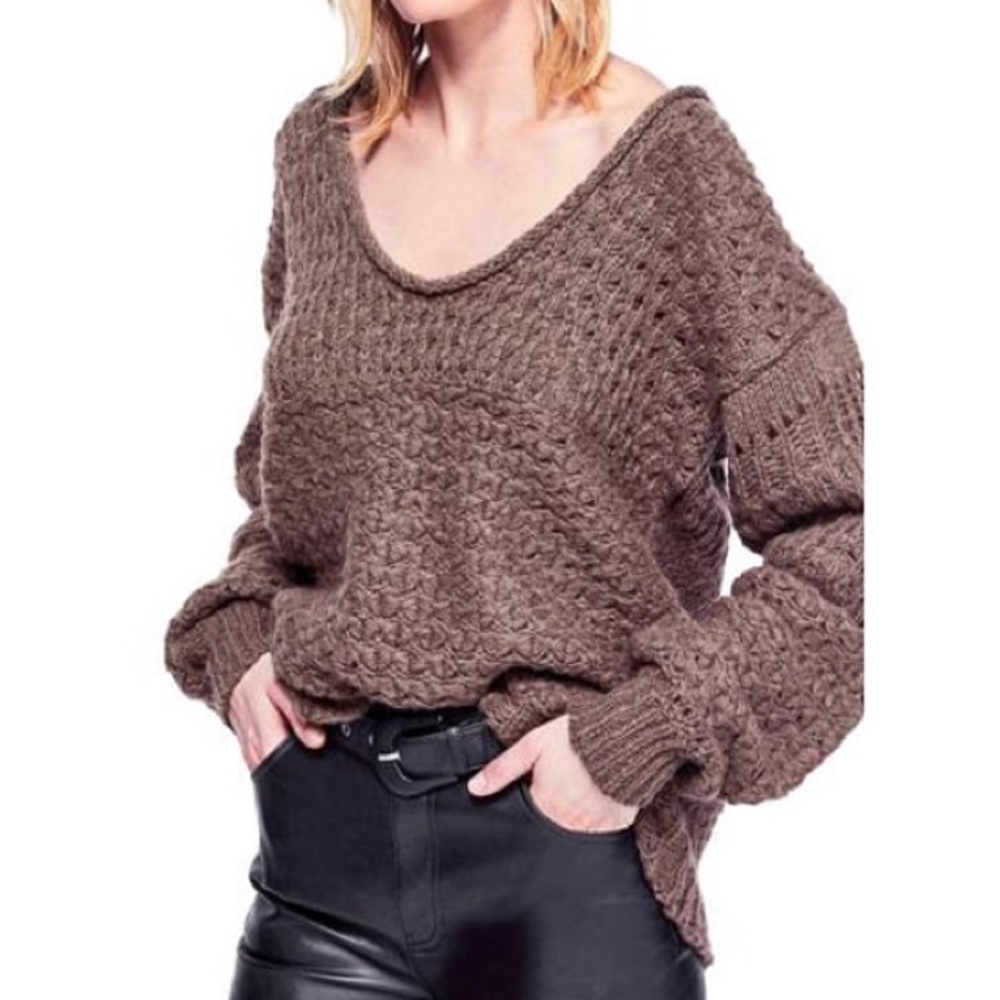 FREE PEOPLE Cocoa Crashing Waves V-Neck Knit Pullover Sweater - Small